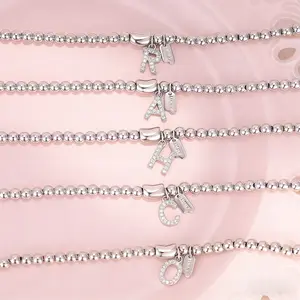 Sterling Silver Initial Letter Bracelet, Adjustable Bead Bracelet with CZ Charm, Matching Jewelry for Couples & Friends, Anniversary & Christmas birthday Gift