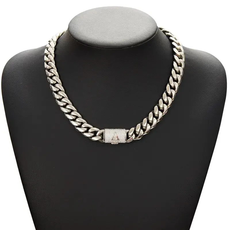 Men's 14mm Chunky Silver Diamond-Cut Initial Cuban Link Chain Necklace, Non-Tarnish Stainless Steel Chain & Link, Bling Accessory for Party & Daily Wear (20/24/30in) – Spring Glowup Guys' Gift