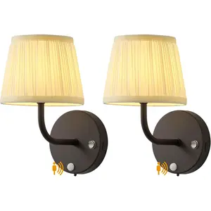 Motion Sensor Black H9.6 inch Small Wall Sconces Set of 2, LED Cordless Rechargeable 5200mAh Battery Operated Fabric Wall Lamps with Remote, Lighting for Hallway, Stairs, Living Room, Bedroom