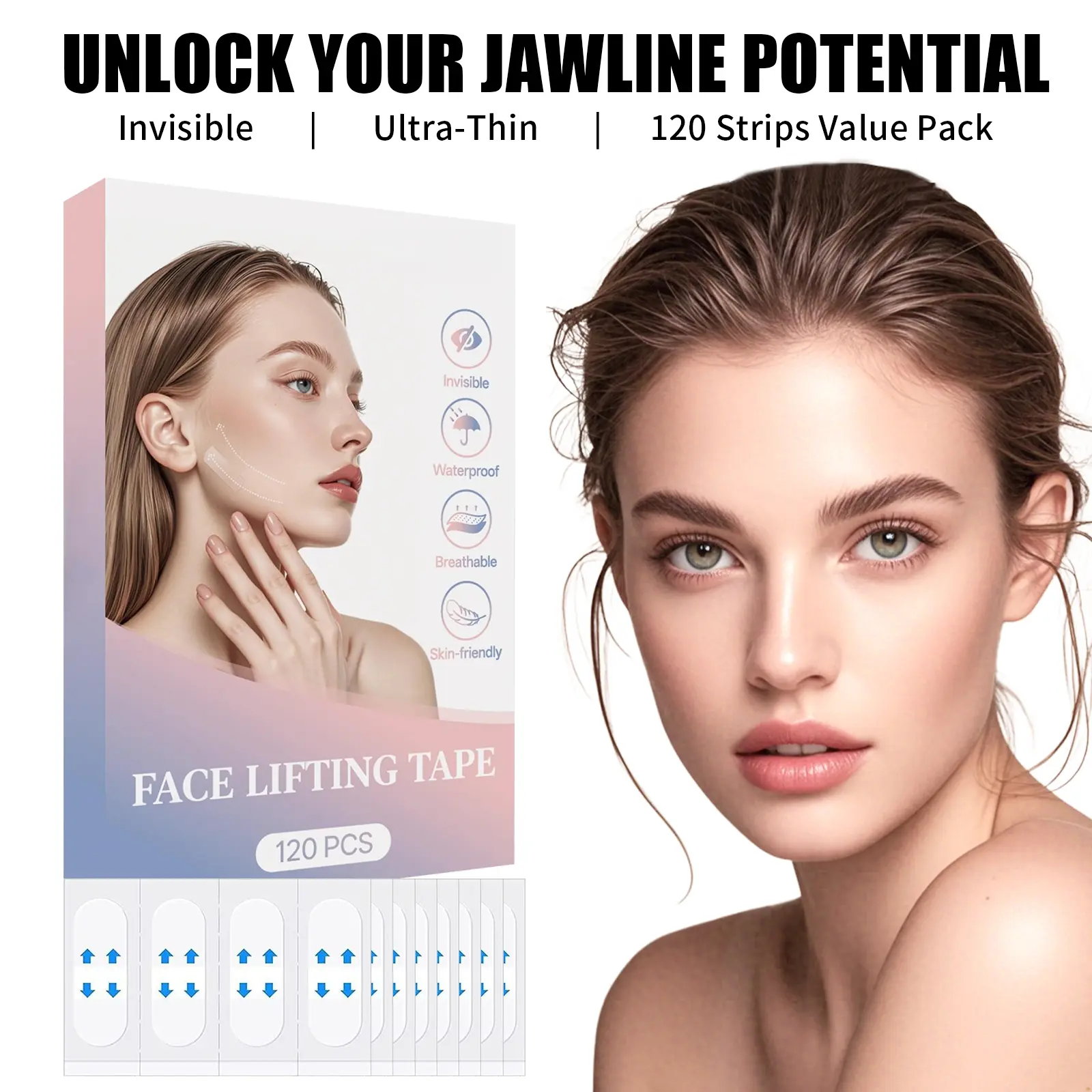 120 Pcs Instant Face Lift Tape, V-Line Lifting Patches for Jawline Contour and Double Chin, Gentle & Waterproof Skin Firming Beauty Tape, Flawless, Peel, Daily, Facial, Skin Firming Patches, Party Photos
