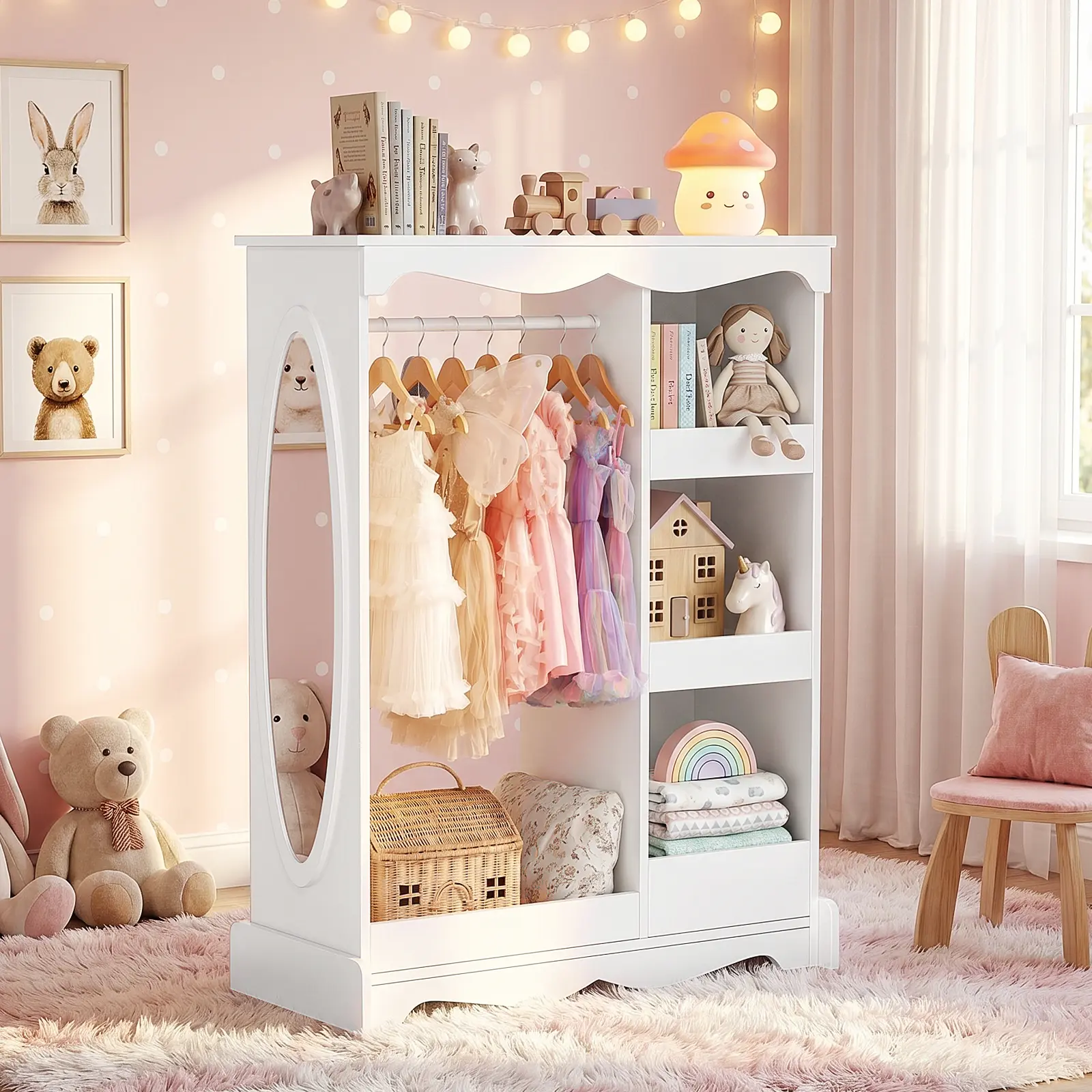 VOWNER Kids Dress Up Storage Wardrobe with Full-Length Mirror, Childrens' Closet Organizer with Hanging Rod, Shoe Rack for Bedroom Playroom tiktokshopbacktoschool