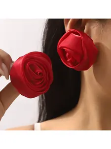 Elegant, sweet, and fresh European silver yarn rose bud 5cm three-dimensional flower colored earrings and earrings Trendy Jewelry