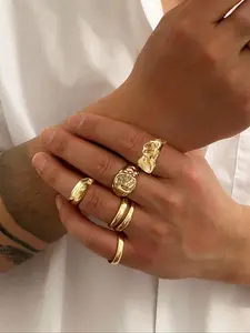 Men's Punk Style Geometric Liquid Metal Stackable Stacking Rings Set, Adjustable Alloy Jewelry for All Seasons, Fashionable Casual Accessory