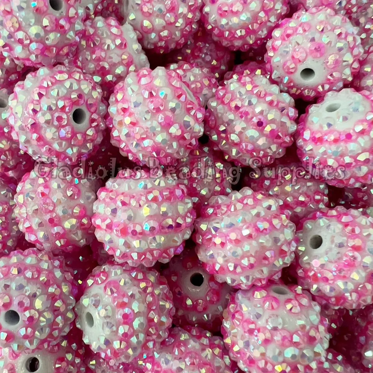 20mm White/Pink Striped Acrylic Rhinestone Beads