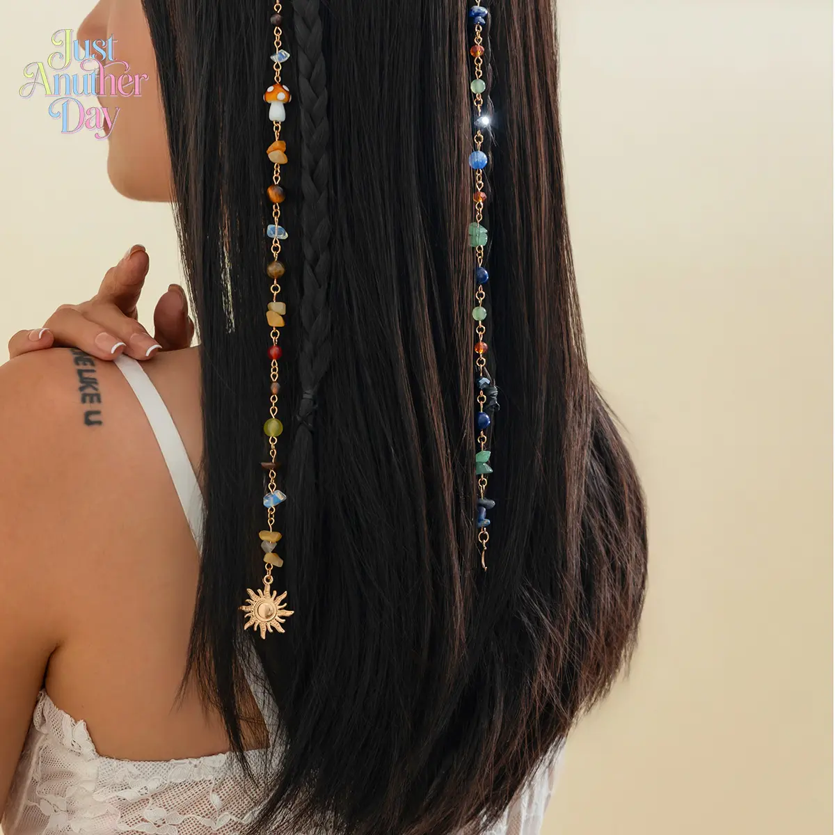 2Pcs Bohemian Crystal Hair Chain Set - Whimsical Long Tassel Braid Accessories with Colorful Natural Stone Chips, Rainbow Beads, Cute Mushroom Charms for Dreadlocks, Twists (Ideal for Festivals)