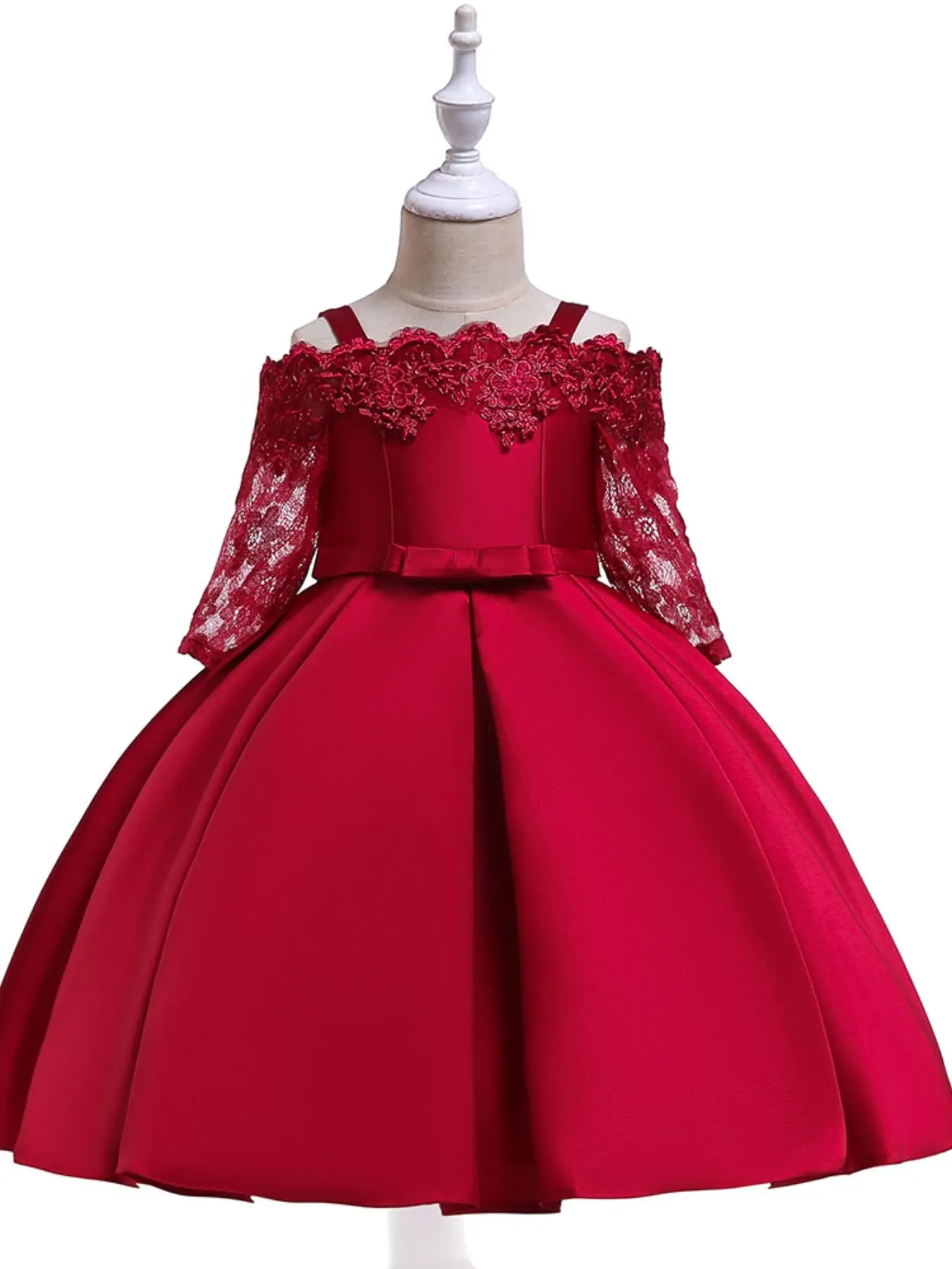 Girl's Appliques Bow Back Cold Shoulder Lace Dress, Elegant Long Sleeve Contrast Lace Party Dress For Girls Photo Shoot, Kids Dressy Partywear