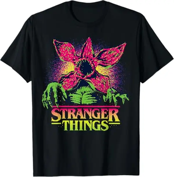 Women's Plus Size Cotton Crew Neck Short-Sleeve Knit Graphic T-Shirt - Stranger Things Season 5 Retro Video Game Demogorgon Print Top, Sizes L-5XL, Fabric, Shortsleeve, Tshirt, Casual, Round Neck