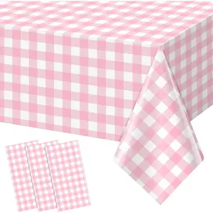 3pcs 54X108inch Pink Checkered Gingham Buffalo Plaid Disposable Plastic Table Covers for Birthday Baby Shower Bridal Wedding Party Decorations