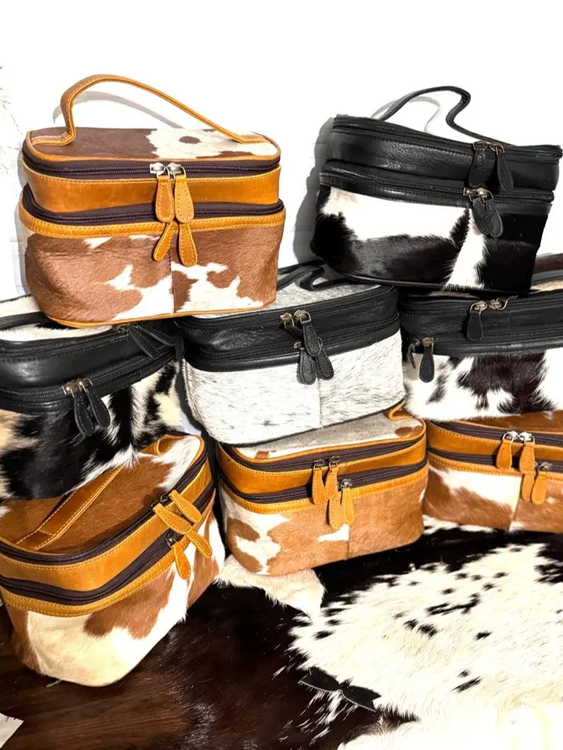 Cowhide toiletry bag double zip