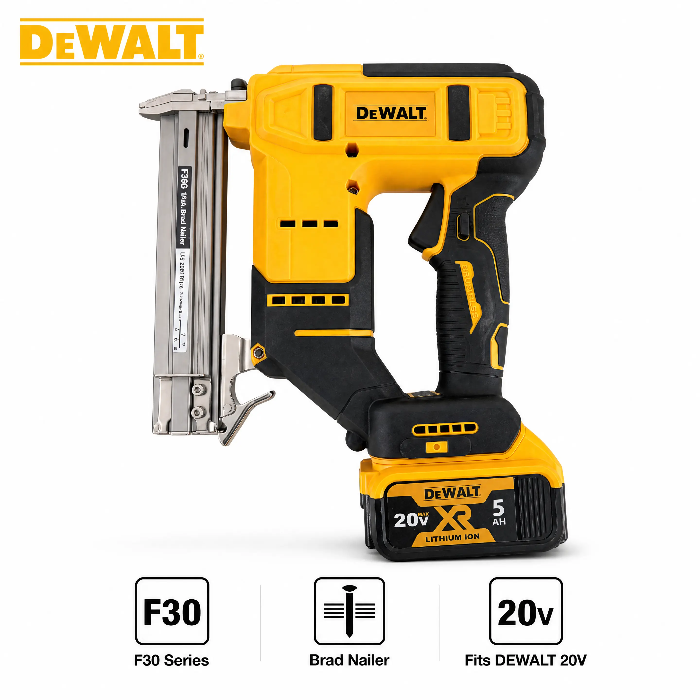 DEWALT F30 2 In 1 Cordless Nail Gun Brad Nailer And Stapler For Professional Woodworking Home Renovation Trim Work Baseboard Installation And Handmade Projects With 100 Nail Magazine Capacity Adjustable Nail Depth Dual Firing Modes And Easy Jam Clearing