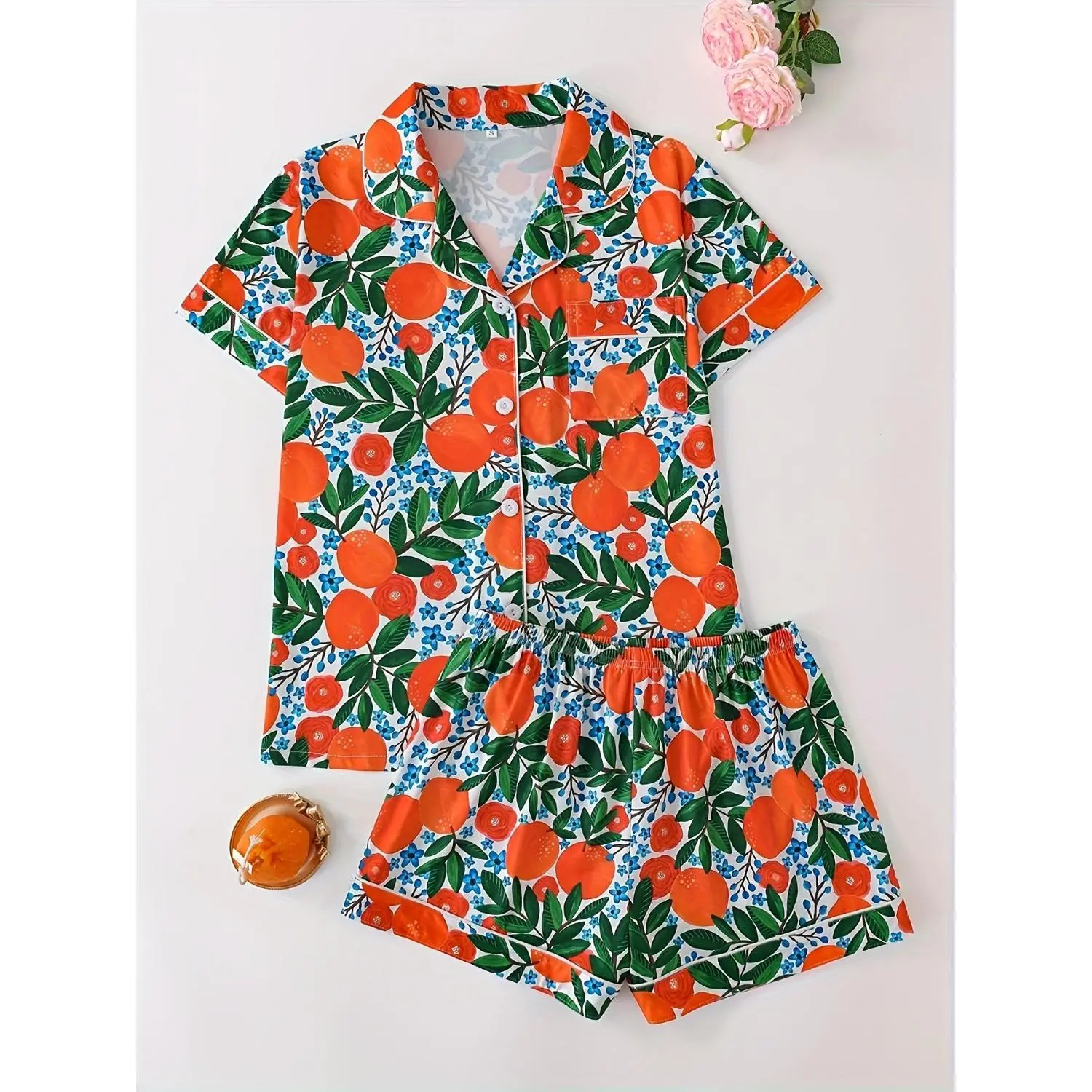 Vibrant Orange Two-Piece Women's Pajama Set - Button-Up Short-Sleeve Lapel Collar Top and Relaxed Fit Shorts for Comfortable Sleepwear
