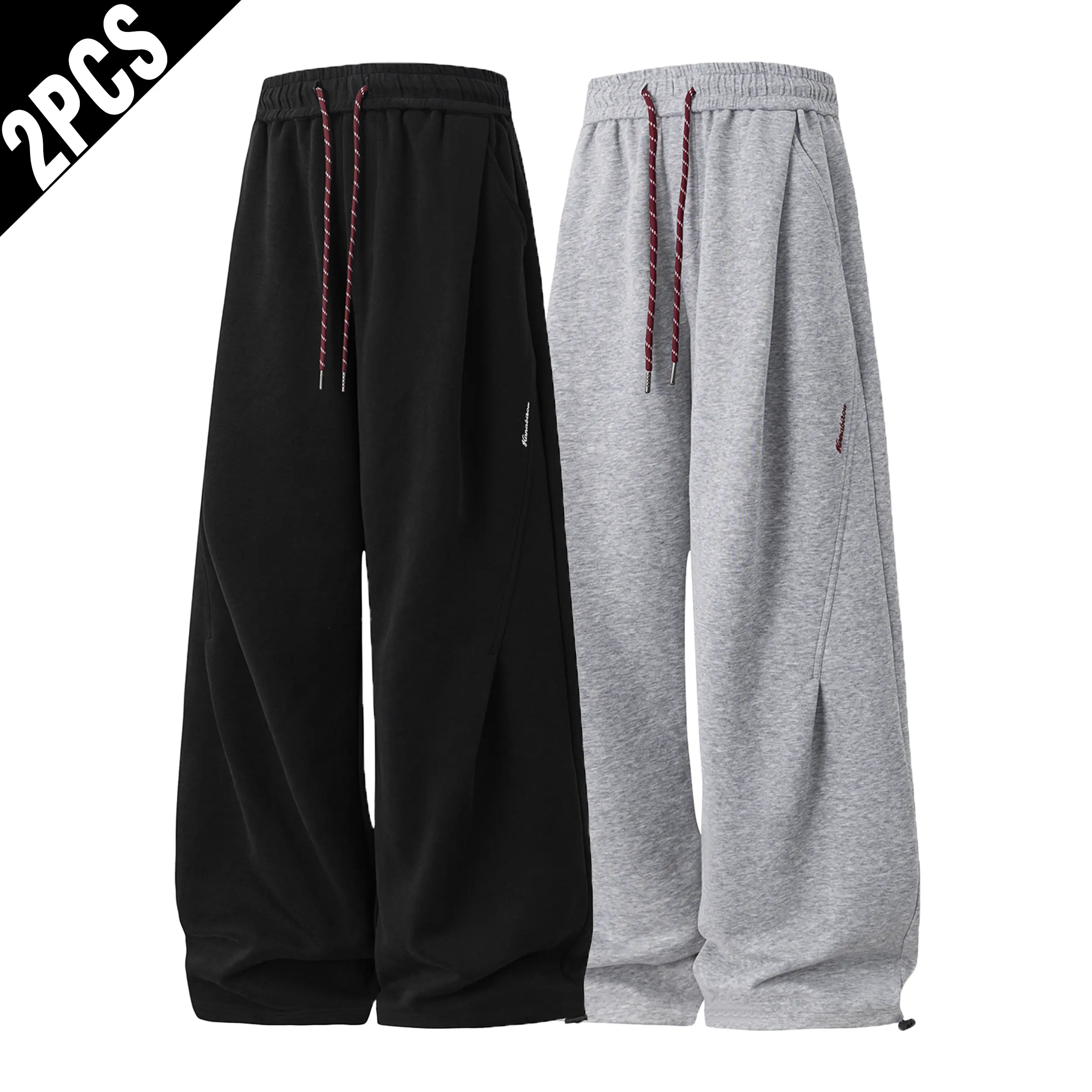 Men's 2-Pack Contrast Red Drawstring Wide Leg Fleece Sweatpants - Adjustable Cuff, Loose-Fit Baggy Hip Hop Streetwear Casual Track Trousers, Machine Washable Sport Bottoms