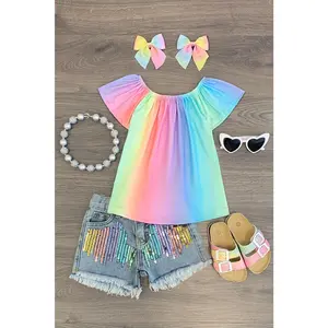 Pastel Rainbow Sequin Denim Short Set