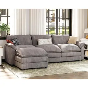 118.9" Modular Sectional Sofa,Cloud Couch with Ottoman,Chenille Sofas with Metal Frame,Convertible 3-Seater Couches for Living Room (Gray, L Shape)| Breathable material
