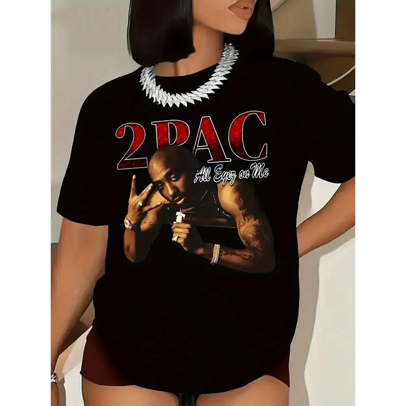 Women'S Tupac Graphic Print Short Sleeve T-Shirt - Machine Washable Regular Fit for Spring Summer Fall, Cute Short Sleeve Tops, Seasonal Versatile Shirt, Bold Letter Pattern, Highelasticity Fabric