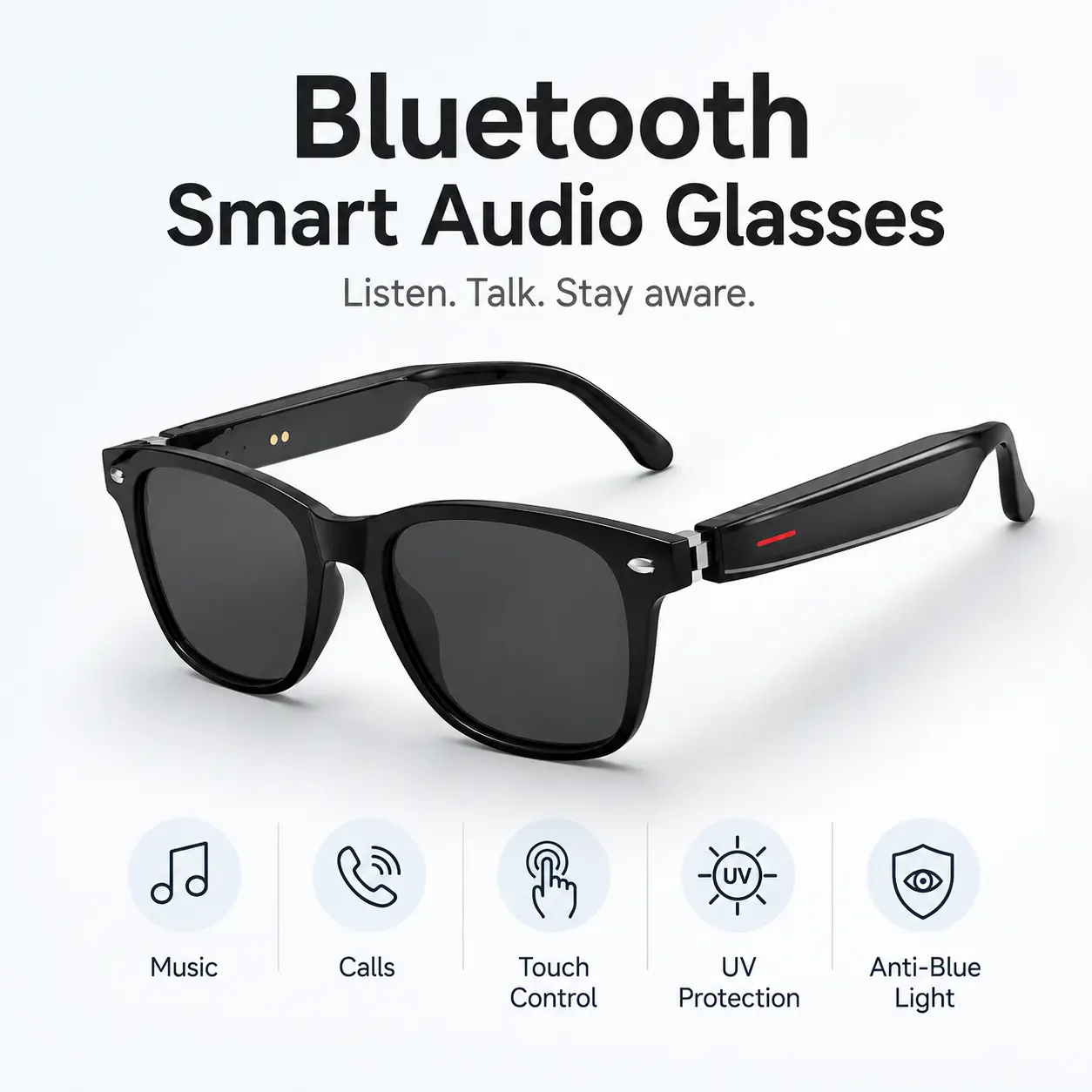 E13 Bluetooth Smart Audio Glasses, UV Protection & Anti-Blue Light Wireless Glasses for Music Calls, Touch Control Lightweight Smart Glasses for Men Women button