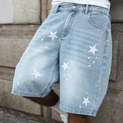 Men's & women's star print, geometric, American-style high-street loose-fitting distressed five-pocket denim shorts, Streetwear Jeans Shorts, TikTok top-selling, suitable for street style, skateboarding, Y2K fashion