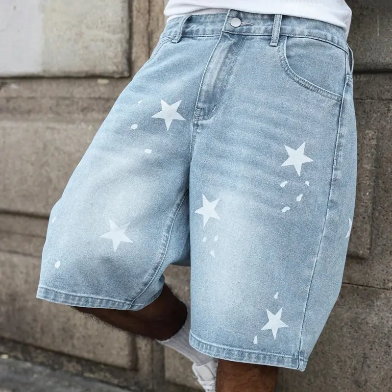 Men's & women's star print, geometric, American-style high-street loose-fitting distressed five-pocket denim shorts, Streetwear Jeans Shorts, TikTok top-selling, suitable for street style, skateboarding, Y2K fashion