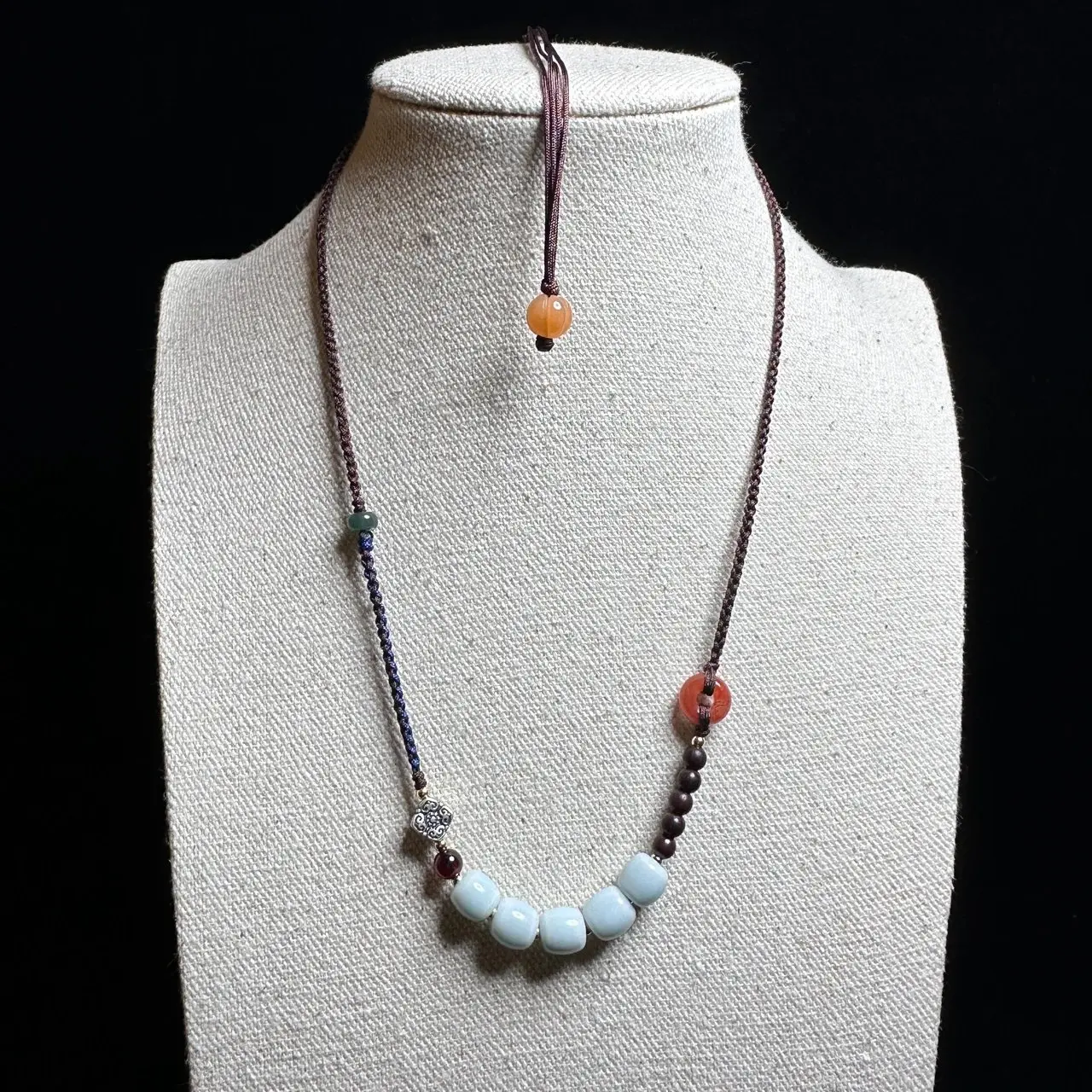 Celadon & Red Agate Beaded Necklace - Adjustable