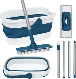 Collapsible Mop and Bucket Set – Flat Mop with Scrub Brush & Washable Microfiber Pad for Tile, Laminate & Hardwood Floors