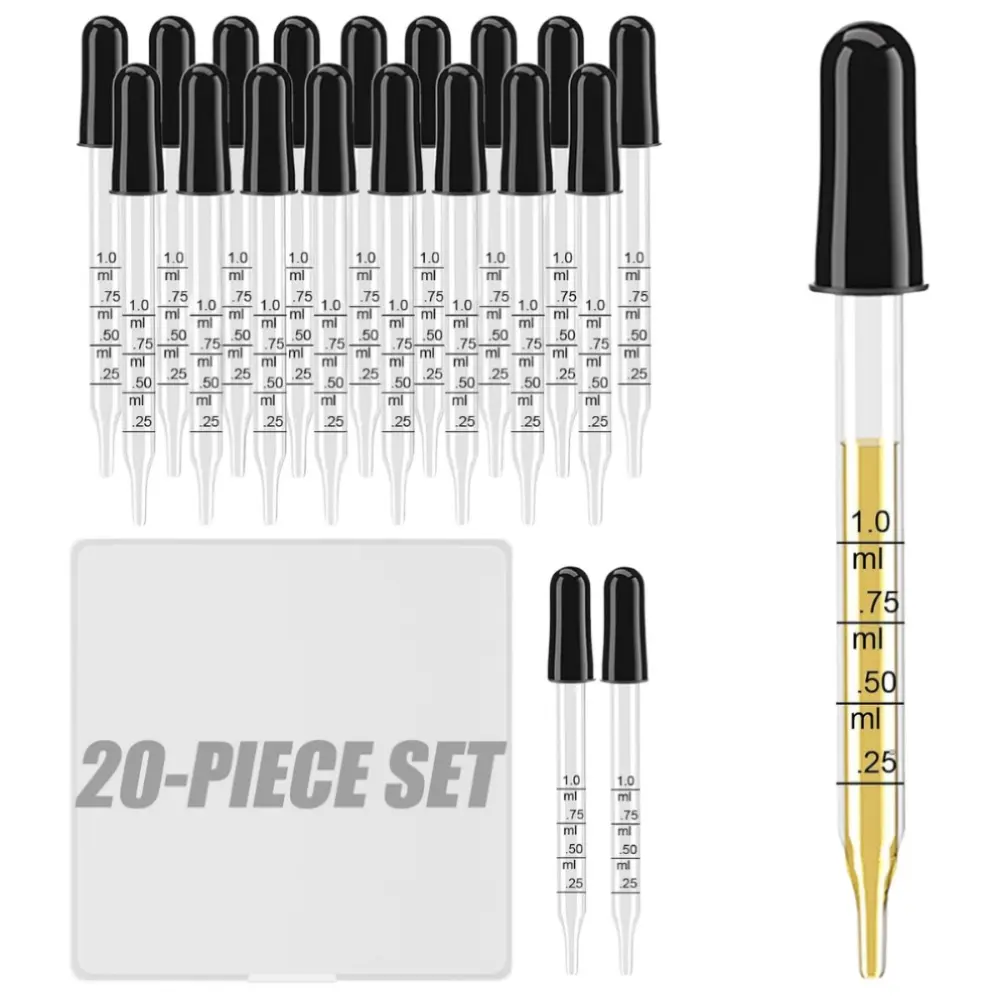 20 pcs Eye Droppers with Storage Case Straight-Tip Calibrated Thick Glass Medicine Dropping Pipettes for Feeding Lab Medicine
