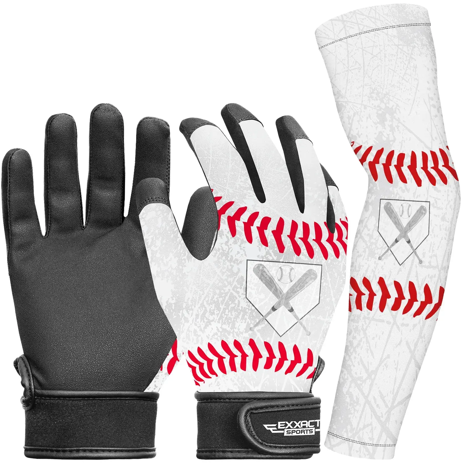 Exxact Sports Youth Engineered Leather Batting Gloves with Sturdy Compression Arm Sleeve, Superior Grip, Sublimation Graphics, Polyester Blend, Stable Fit for Baseball Training (White), Reinforced Tips, Sublimated Print, Snug Contour, Double Stitched, Sof