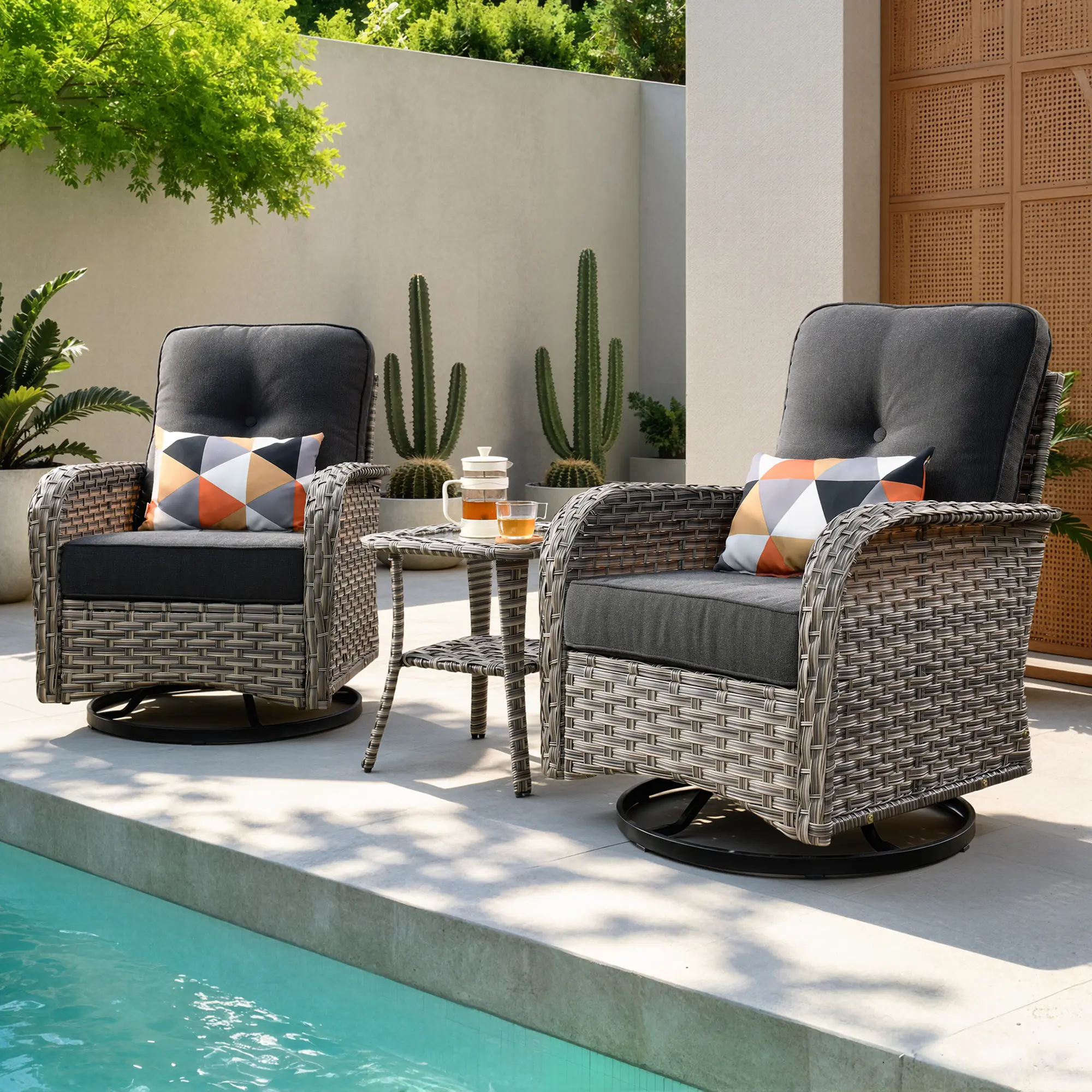 【Summerfinds】OVIOS 3-Piece Outdoor Patio Furniture Set with High-Back Swivel Rocking Chairs & Side Table, All-Weather Wicker Conversation Set with Cushions for Backyard, Patio, Porch, Deck & Garden