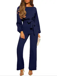 Women's Solid Color Cut Out Belted Jumpsuit, Fitted, Chic Elegant Bishop Sleeve Keyhole Back Jumpsuit for Summer