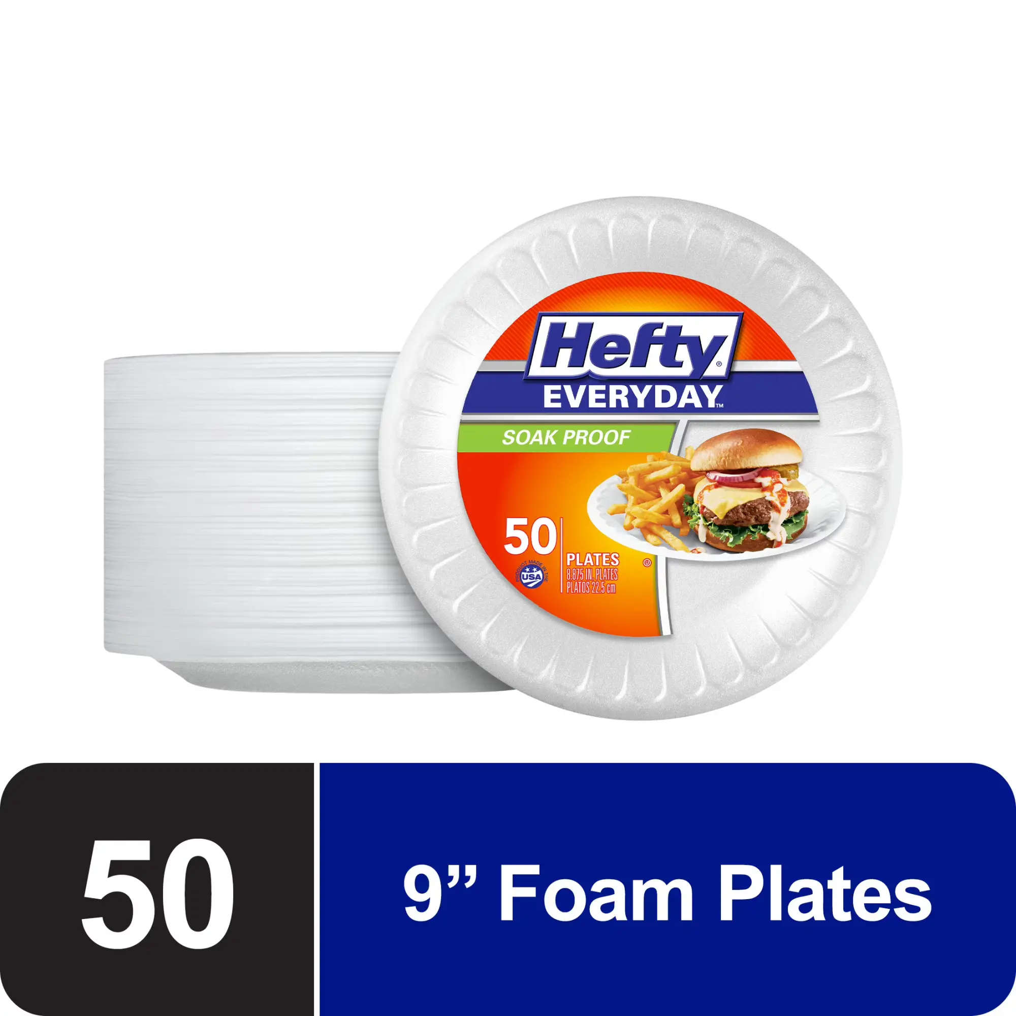 Hefty Everyday Soak-Proof Foam Plates White 8.875 inch 50 Count BPA-Free Disposable Plates for Everyday Use Party Supplies