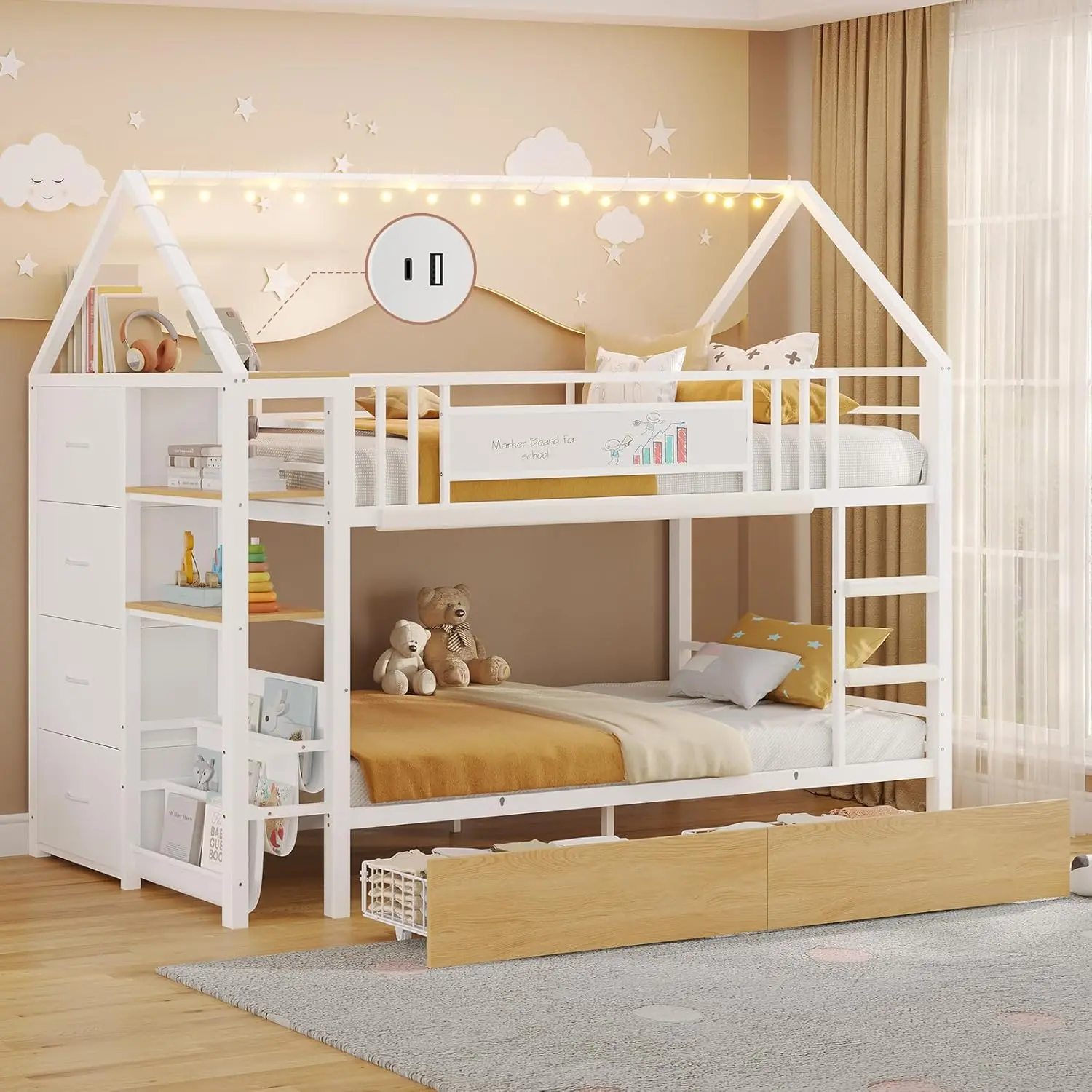 [SummerSale] Sikaic Twin Over Twin Bunk Bed with Storage Drawers & Globe String Lights, House Shaped Low Bunk Bed with Montessori Bookshelves, Metal Bunk Bed with Ladder and Guardrails, Space-Saving Bed Frame, Home Furniture, Dorm Essentials