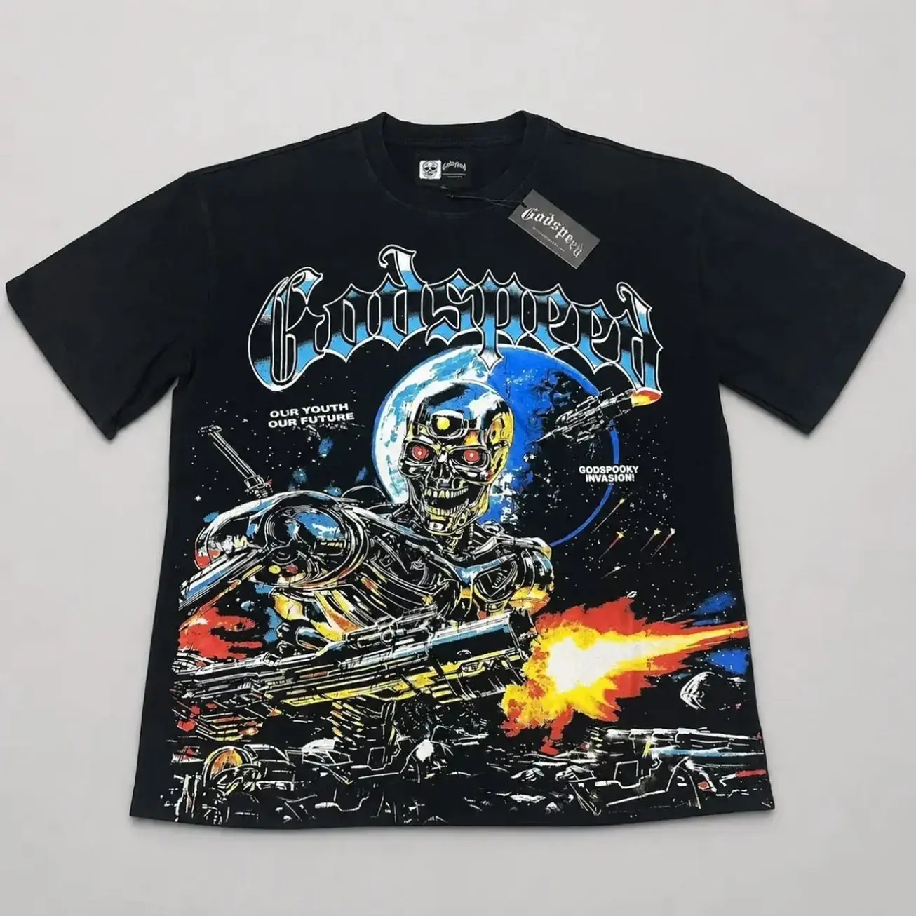 GODSPEED Letter Print Graphic T-Shirt, Y2K 2000s Hip Hop Streetwear Loose Fit Cotton Short Sleeve Crewneck Tee for Men Women Couples, Retro Vintage Casual Birthday Christmas Gift Top Fashion Accessories RVF