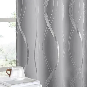 NICETOWN Blackout Curtains for Bedroom， Noise Reducing Thermal Insulated Wave Line Foil Print Design Blackout Curtains for Patio Sliding Glass Door (2 Panels， 52 x 72 Inch， Silver Gray)