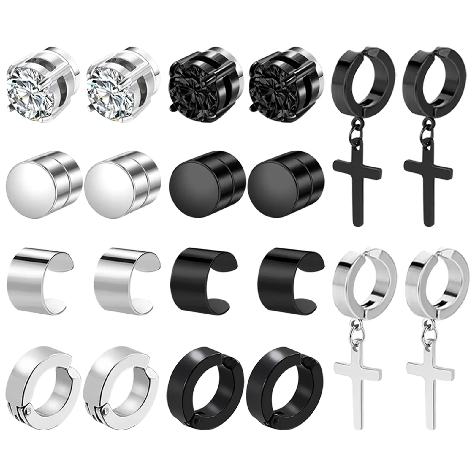 OIDEA Unisex Magnetic Non-Pierced 10-Pair Stainless Steel Accessories - Magnetic Clip Styles Including Studs, Hoops, Black Cross Dangles for 2024 Fashion, Men's Earrings, Magnetic Clip Earrings summerwins