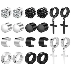 OIDEA Unisex Magnetic Non-Pierced 10-Pair Stainless Steel Accessories - Magnetic Clip Styles Including Studs, Hoops, Black Cross Dangles for 2024 Fashion, Men's Earrings, Magnetic Clip Earrings summerwins