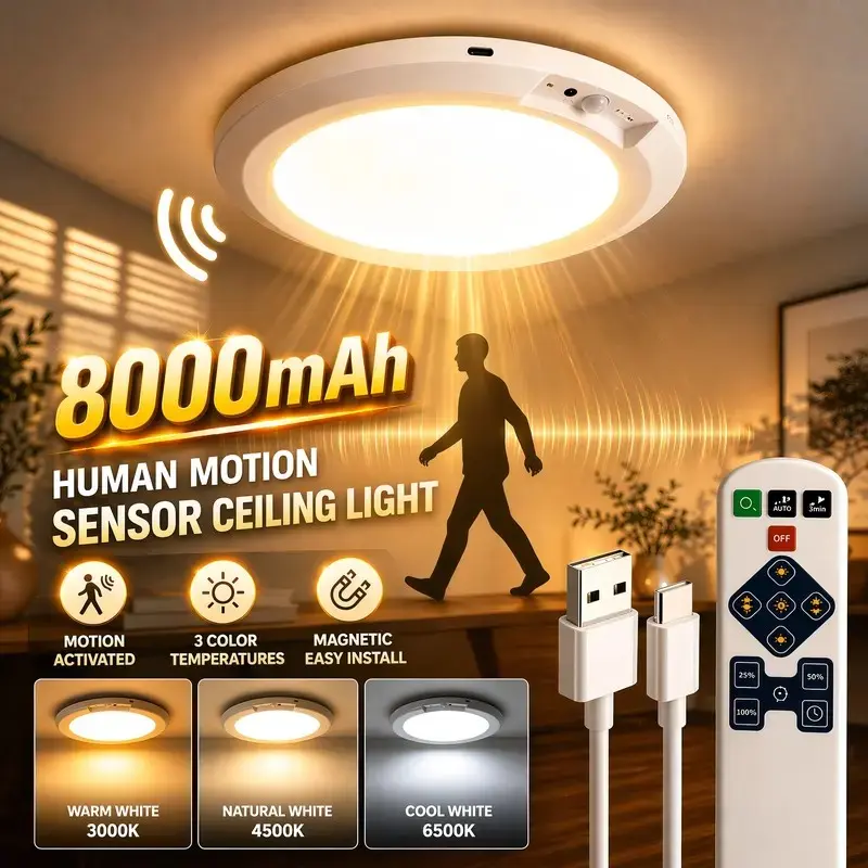[summervibes]1/2Pcs Battery Operated Ceiling Lights Rechargeable Motion Sensor Light Indoor Wireless Shower Light with Remote 3000K 4500K 6500K 7.48in Dimmable Timing Motion Activated Lamp for Closet Shower