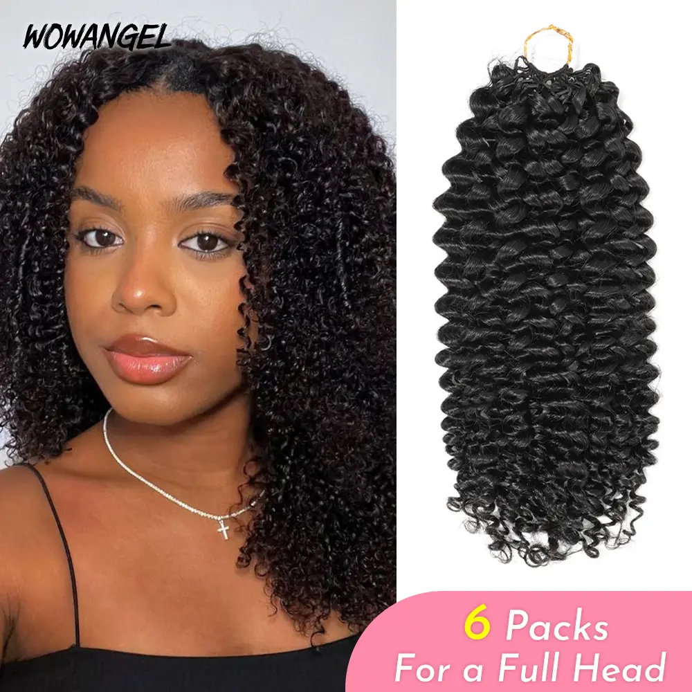 [Buy 5 Get 1 Free] Kinky Curly Feather Crochet Human Hair Extensions Miracle Knots Pre-Separated Feather Knotless Invisiable Miracle Knots With String Real Human Hair Deep Wave 5Packs Lightweight & Reusable For Women Easy Braiding Natural Black WOWANGEL
