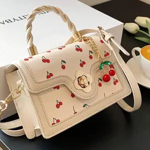 2026 Fashionable Shoulder Bag, Cute High-End Pu Handbag Crossbodybag for Woman Tote Bag With Versatile Square Shape Cherry Print Shoulderbag Purse Underarm Bags Perfect for Shopping, Dating