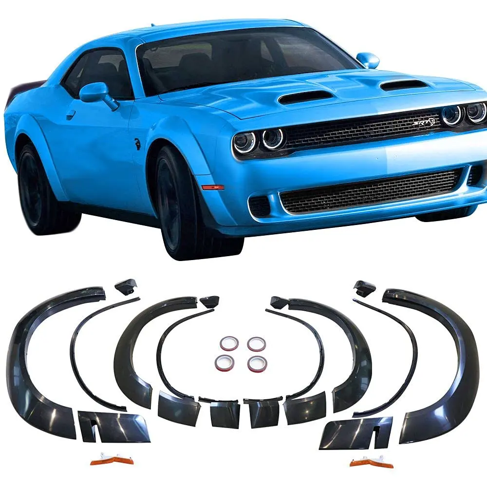 NINTE Unpainted Flexible Polypropylene Lightweight Demon Style Complete Fender Flares Kit - Aggressive Wide Body Fit, Bolt-On Install with Adhesive Tape for 2015-2023 Dodge Challenger SRT Hellcat, 4-Piece All 4 Fender Flares Car Exterior Accessory