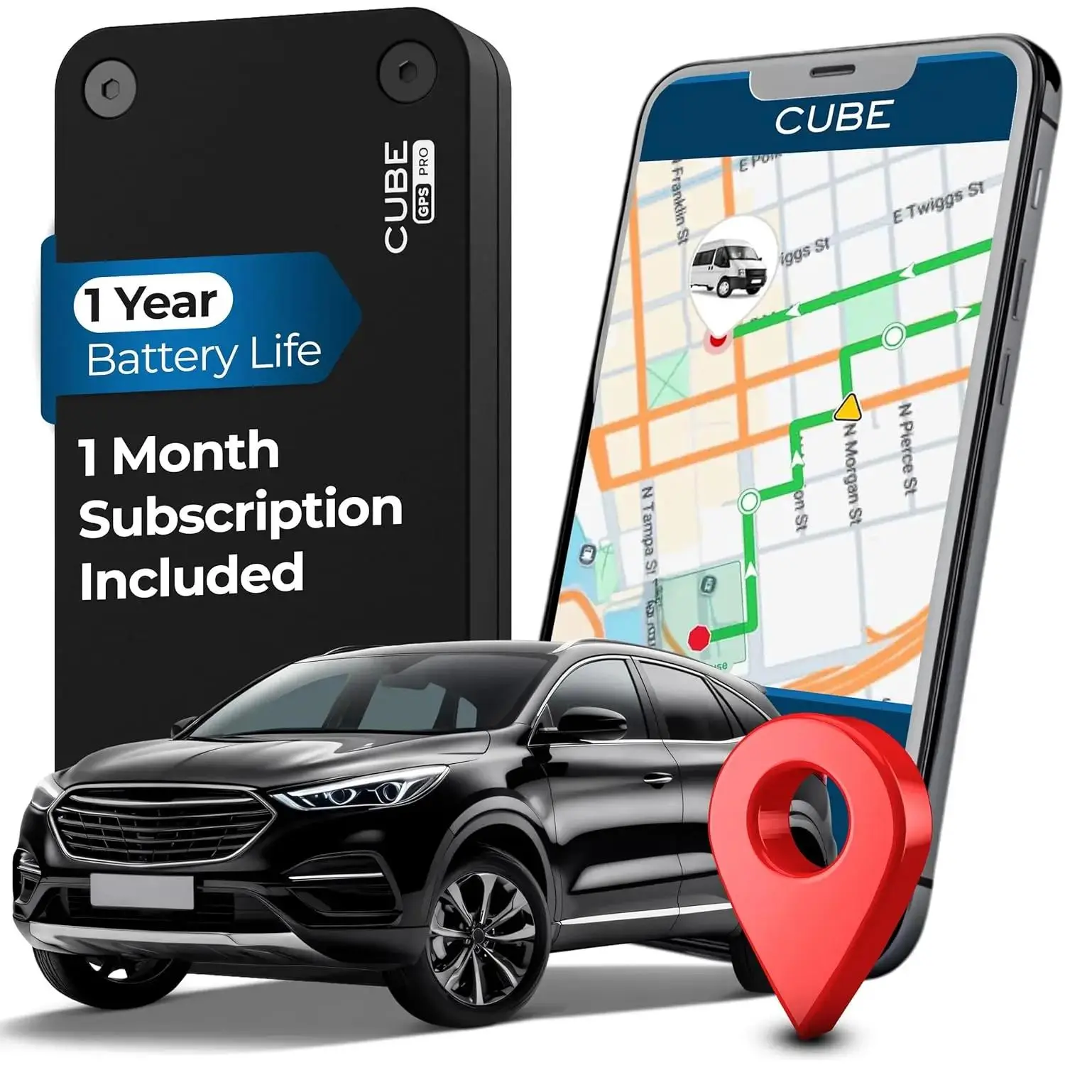 Cube Pro GPS Vehicle Tracker - Metal Build, 1-Year Battery, IP67 Waterproof, Real-Time Tracking, USB Port, SIM Compatible, iOS & Android Support, Hidden Magnetic Base, Hidden Mount, Alerts & Custom Geo-Fencing for Theft Prevention, Vehicle Theft