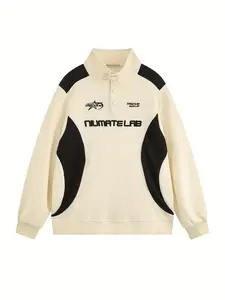 Men's Fall Winter Colorblock Letter Embroidered Half High Neck Sweatshirt, Loose Fit Casual Stand Collar Pullover, Trendy Streetwear Top, Embroidered Sweatshirts