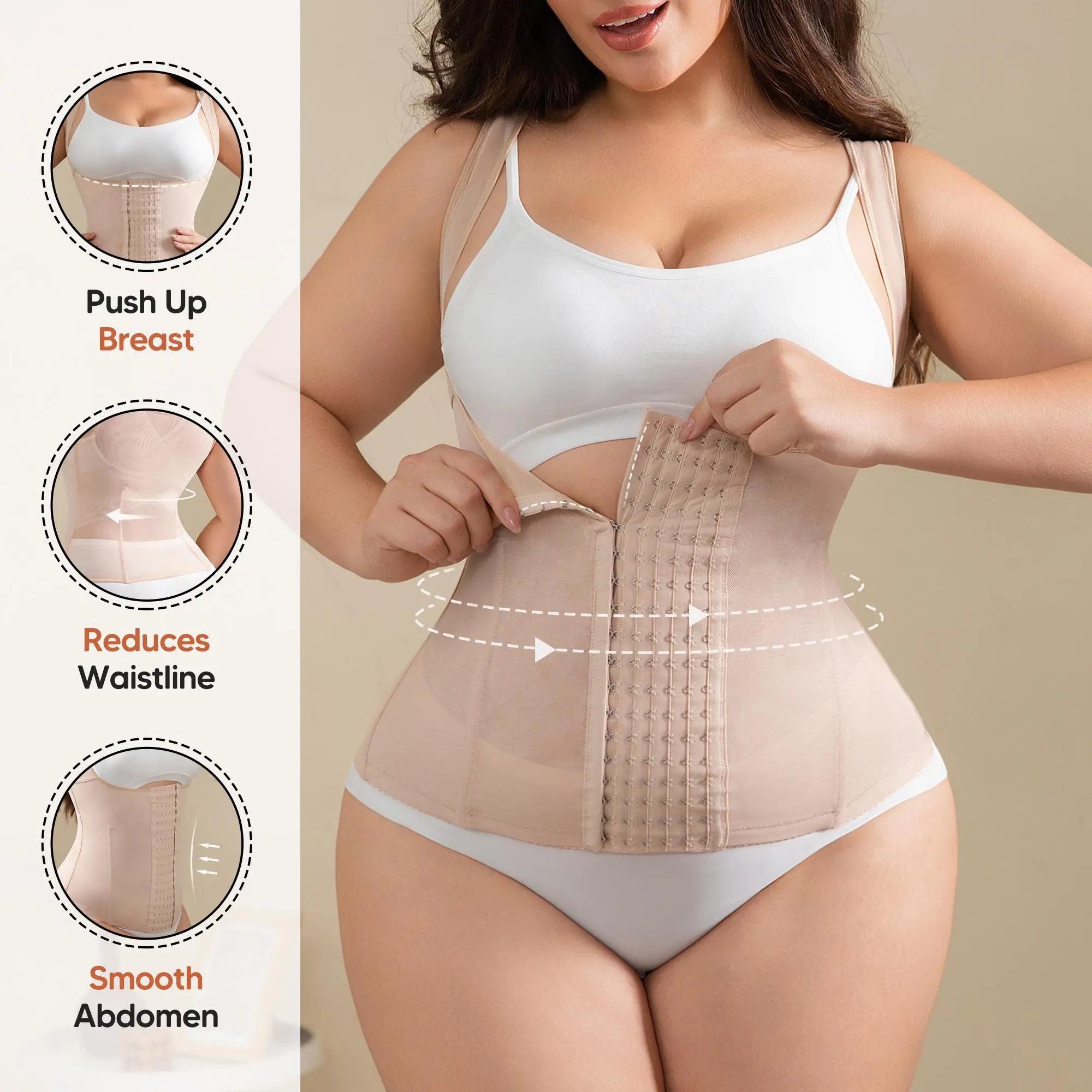 Heavy Duty Waist Trainer Vest | 6-Row Hook & Eye Body Shaper | Firm Tummy Control with 4 Steel Bones | Breathable Mesh Sculpting Cincher