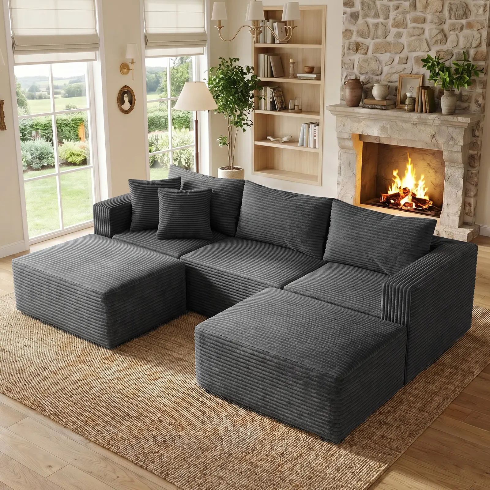 Garaneeds 110" Modular Corduroy Sectional Sofa – Ultra-Soft Cloud-Like Deep Seat, 5-Seater U-Shape, Movable Ottomans Included, No Assembly, Machine Washable Covers