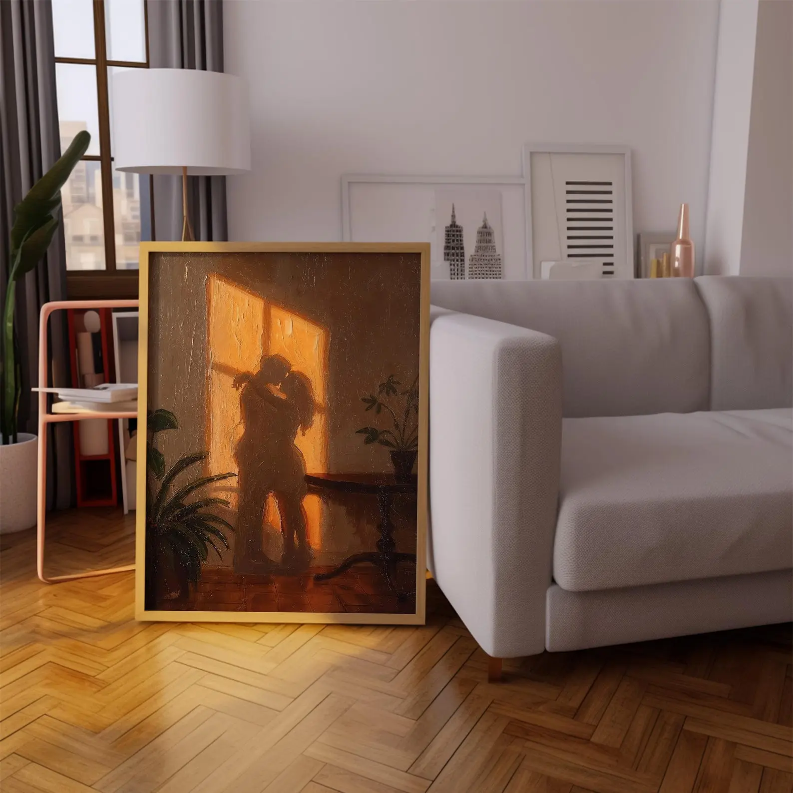 Romantic Sunset Couple : Minimal Silhouette Wall Art, Warm Love Painting Print [Unframed]