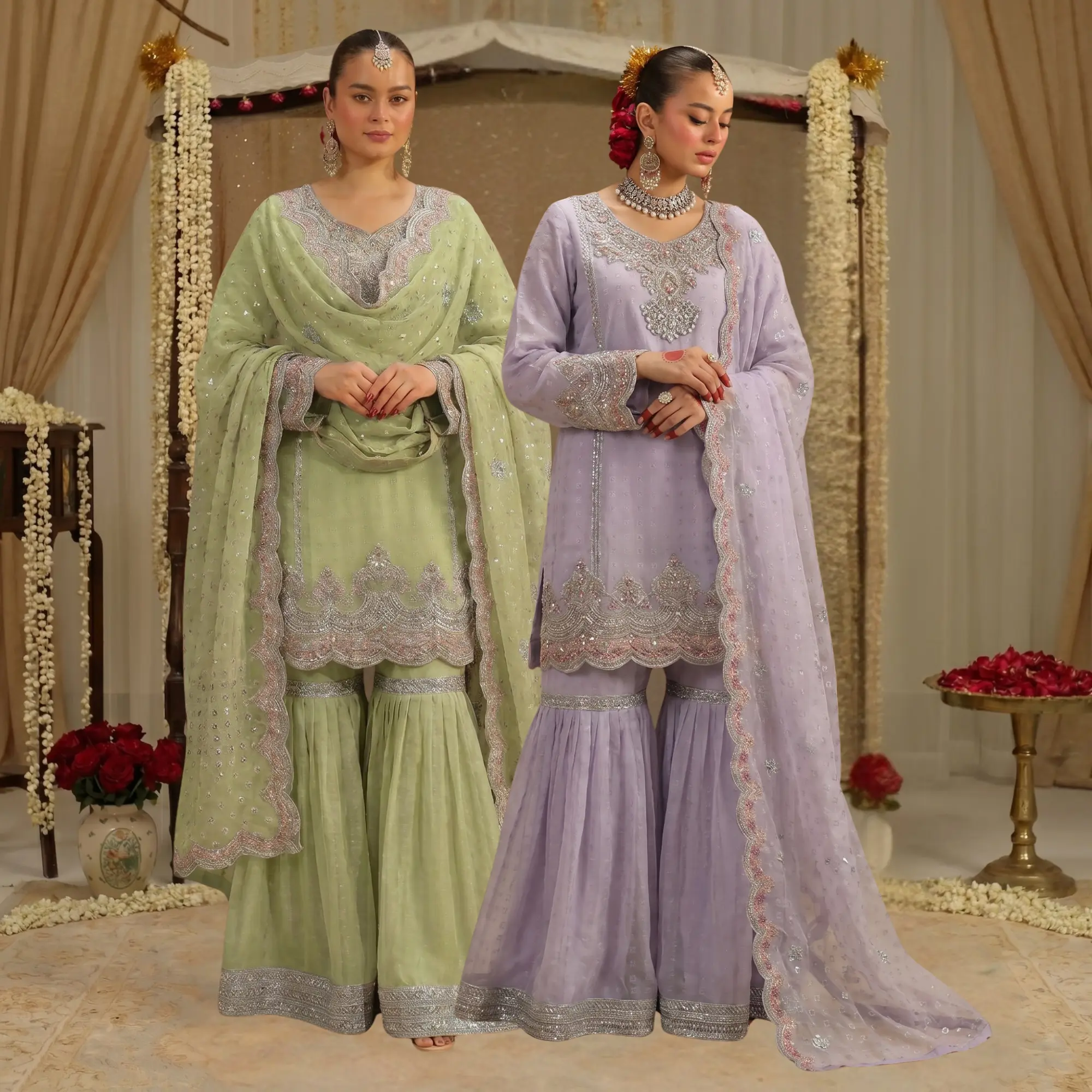 R-60 Luxury Chiffon Handwork Gharara Set with Embroidered Shirt & Dupatta | Semi-Formal Pakistani Party Wear