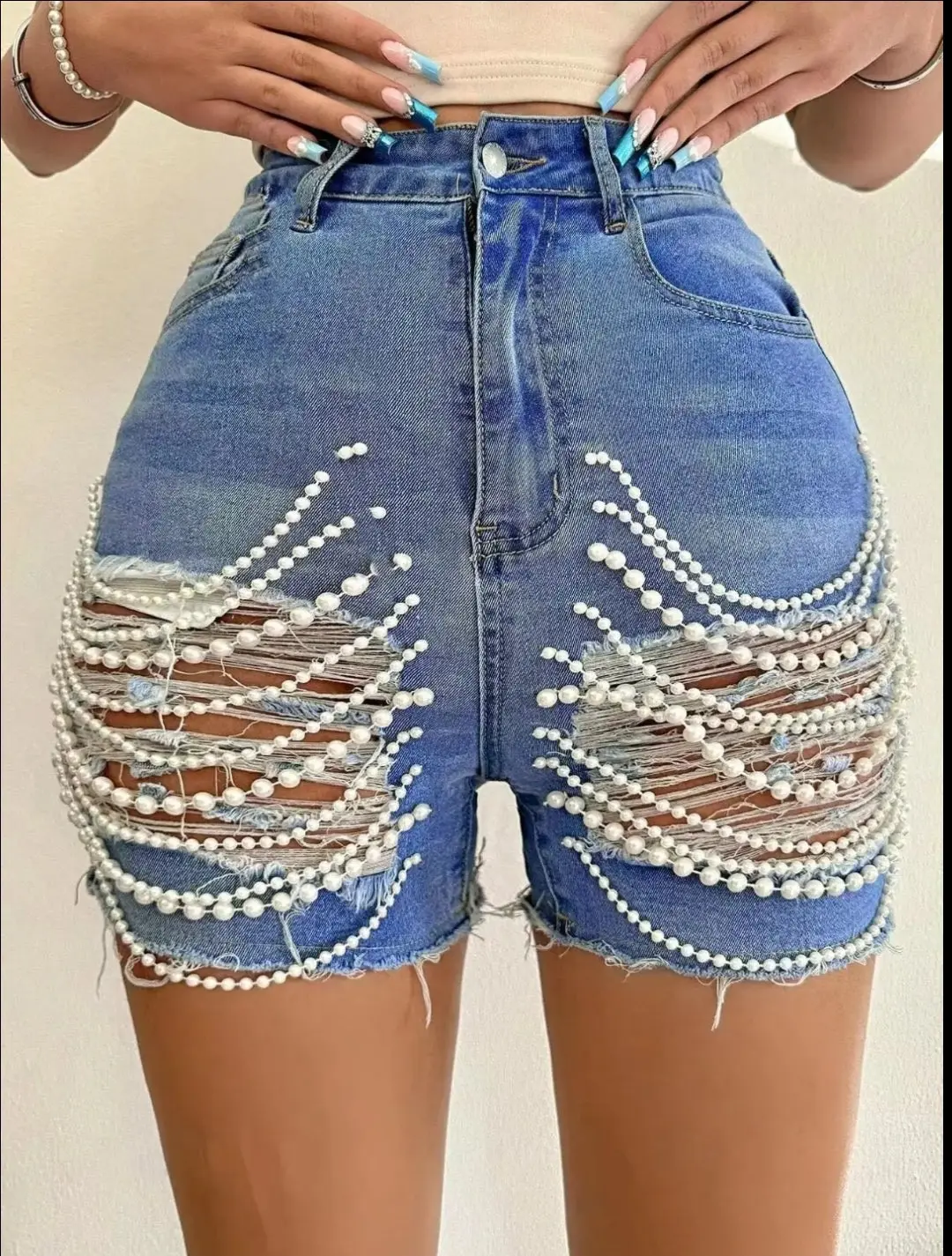 High-Waisted Pearl Chain Ripped Shorts for Effortless Chic Style and Comfort Casual Fashion