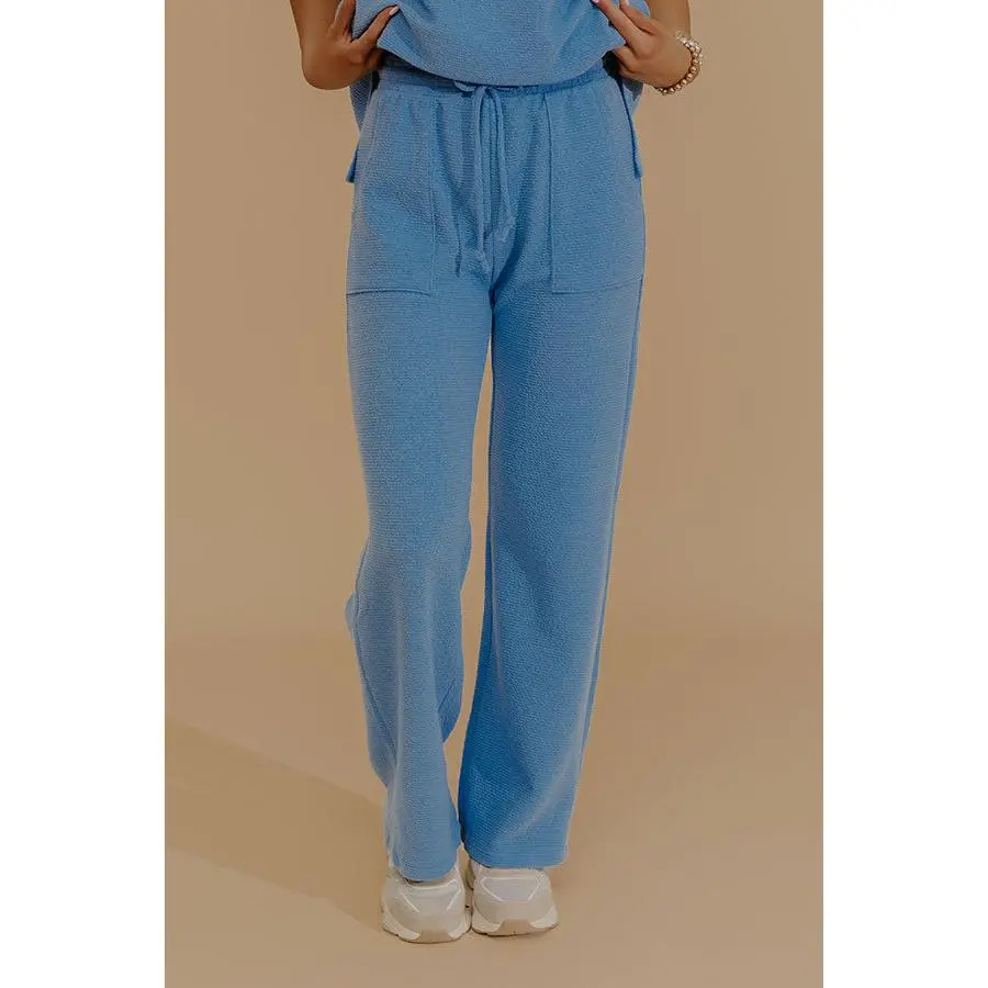 Weekend Wind-Down High Waist Waffle Knit Pants in Light Blue