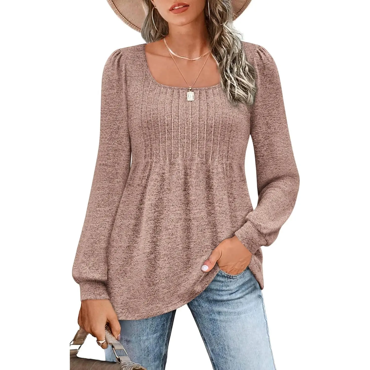 Zwurew Women's Fashion Casual Basic Puff Long-Sleeve Square Neck Blouses, 2024 Trendy Loose-Fit Pleated Flowy Tunic Tops, S-2XL, Peplum