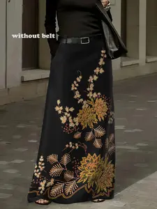 Elegant Women's Floral Fitted Chic Aesthetic Printed Midi Skirt, Straight Tube Design, Woven Fabric, Pockets, Back Waist Elastic, All-Season Wear, Office Party Daily Use, Bottom