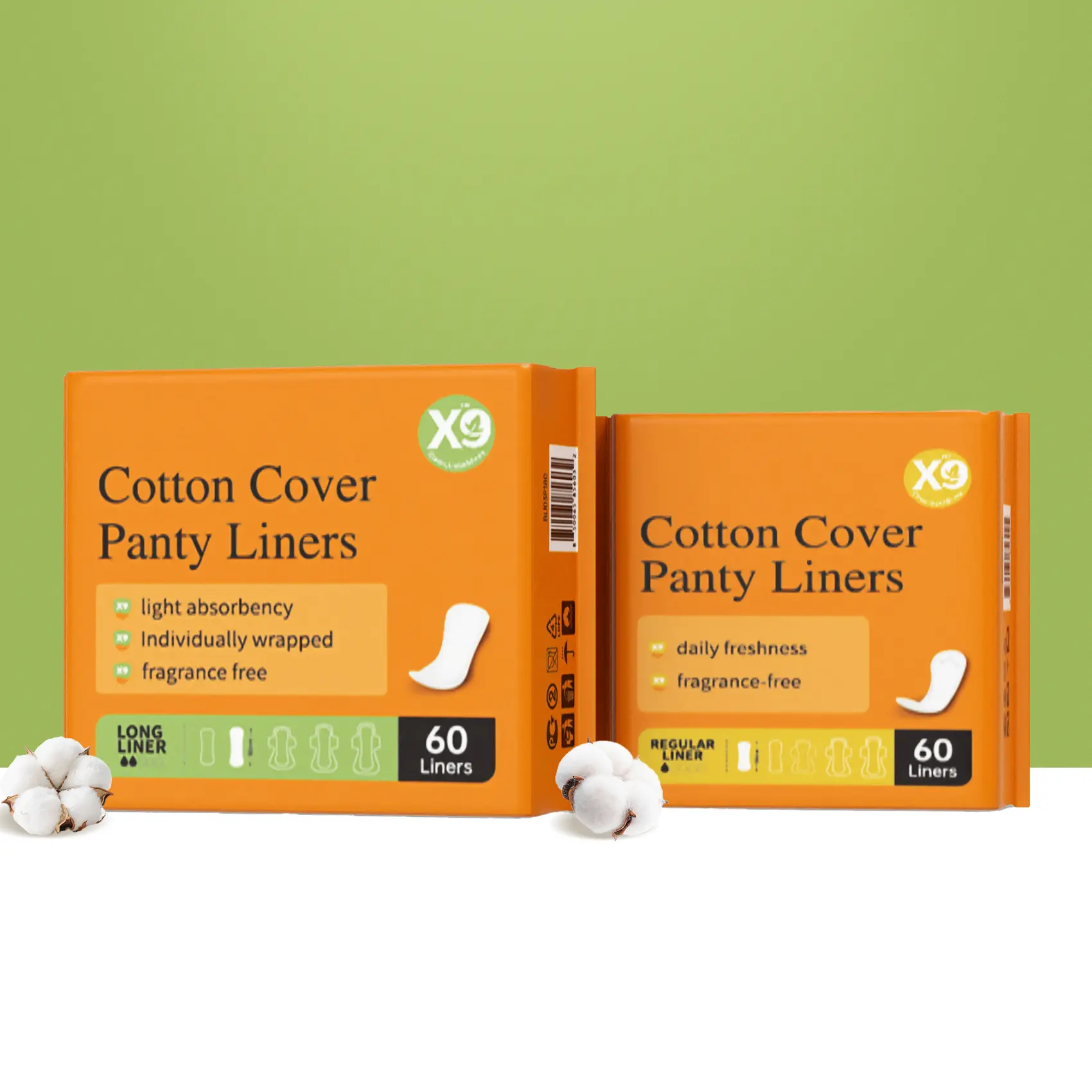 X9 100% Organic Cotton Menstrual Pads，Ultra-Thin and High Absorbency，2Sizes,Compact，Antibacterial, skin-friendly, ultra-thin sanitary napkins.Two lengths fit all skin types,60 pcs/Bag.NO Petroleum-Based Microplastic，no chlorine, no fragrance，Safe
