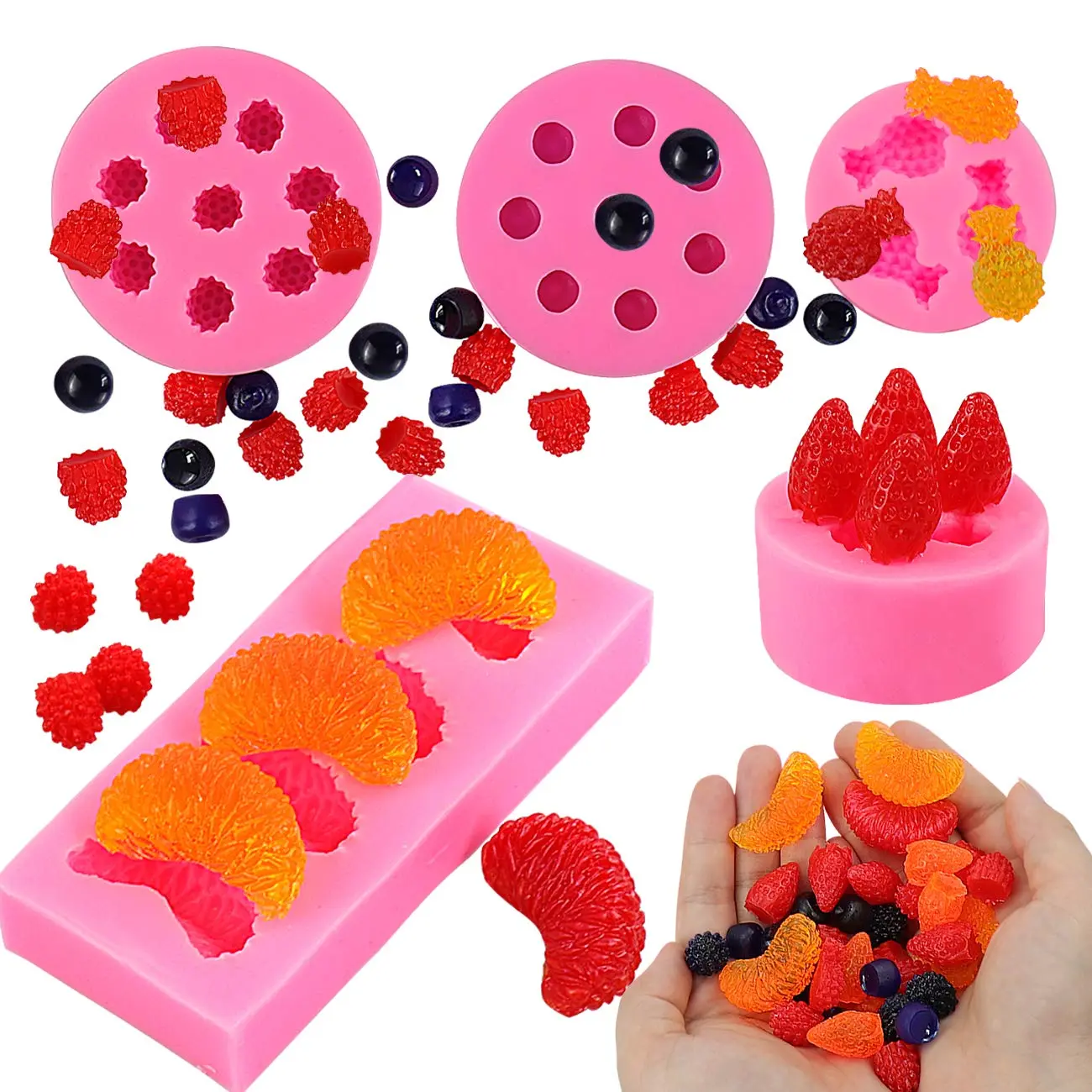 5PCS Fruit Shaped Jelly Molds, 3D Mini Pineapple Strawberry Orange Blueberry Mulberry Candle Silicone Fruit Mold for Cupcake Decorating, Soap, Chocolate